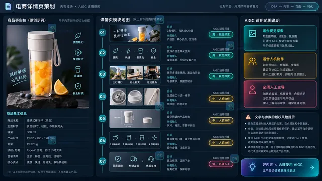 电商详情页内容模块与AIGC适用范围示意