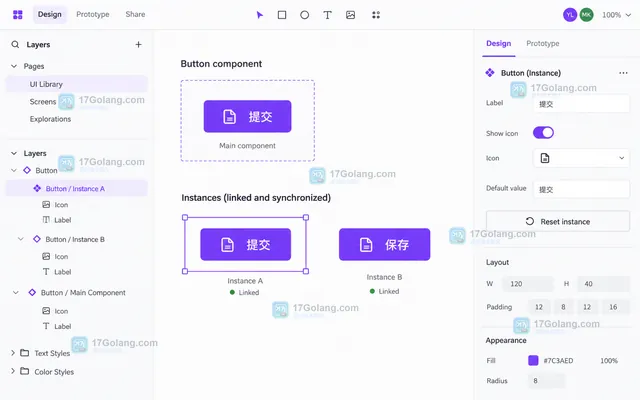 Figma 主组件选中后右侧 Properties 面板显示 Text Boolean 和 Instance swap 属性入口的操作示意图