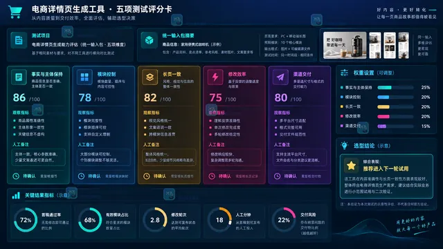 电商详情页生成工具五项测试评分卡示意