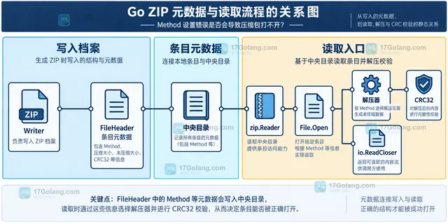 Go archive/zip 中 FileHeader.Method、Store、Deflate、CreateHeader 和 ErrAlgorithm 的静态关系示意图