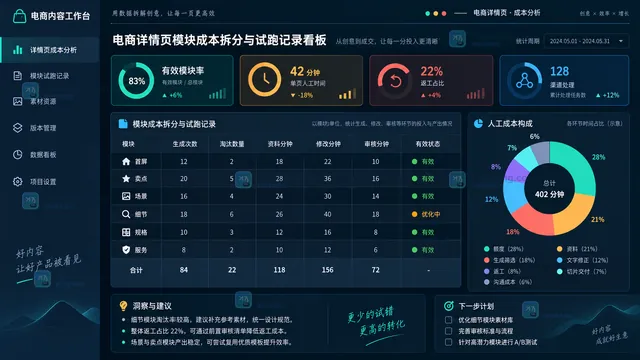 电商详情页模块成本拆分与试跑记录看板示意