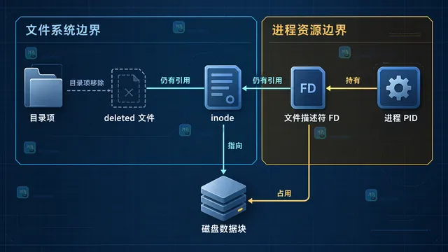 Linux /proc PID fd 复核框图,展示 lsof 结果与 fd 符号链接、fdinfo inode、服务进程的静态对应关系