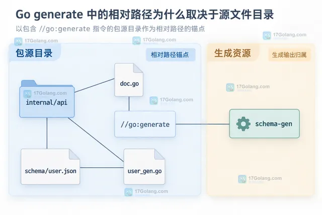 Go generate 命令入口、包源目录、工作目录、模块根和输出路径的边界关系示意图