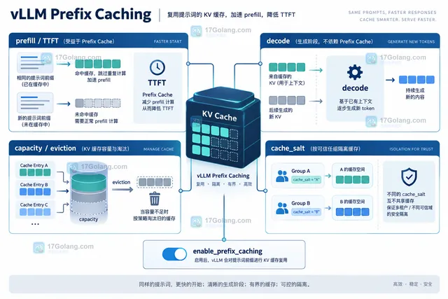 vLLM Prefix Caching 中稳定长前缀与变化问题的模块关系示意图