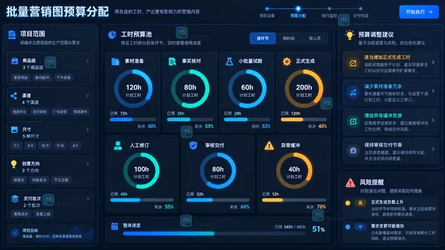 AI营销图试跑生产返工与交付预算分配示意