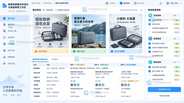 跨境电商素材本地化与渠道审核工作区示意