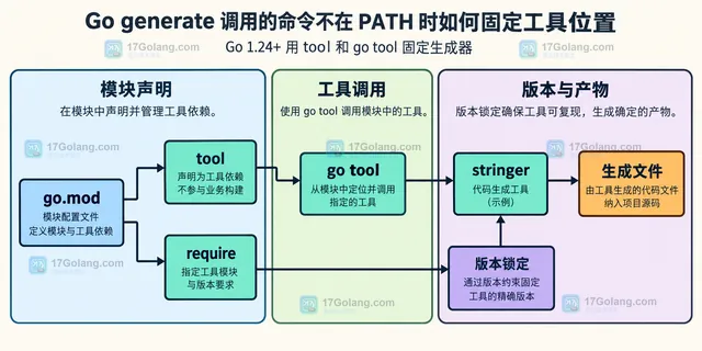 Go generate、GOROOT bin、GOBIN、PATH 与生成器命令之间的静态依赖关系示意图