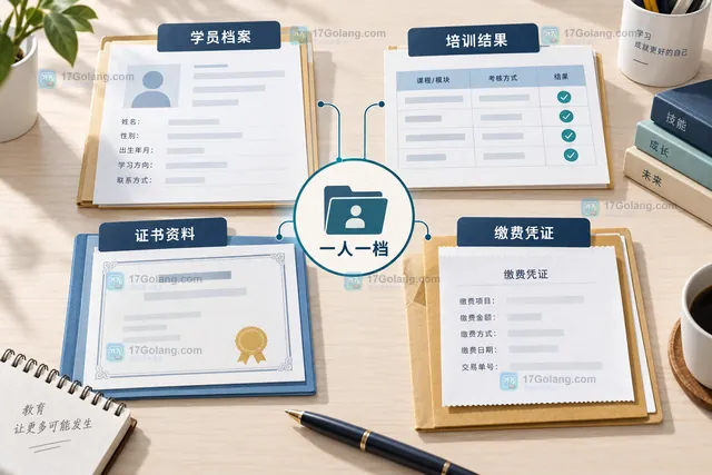 职业培训机构一人一档中学员档案、培训结果、证书资料和缴费凭证的对应关系示意图