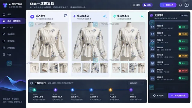 AI模特图结果版本对比与商品一致性复核界面示意