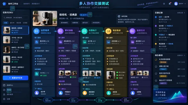 电商AI作图多人协作任务交接与版本流转示意