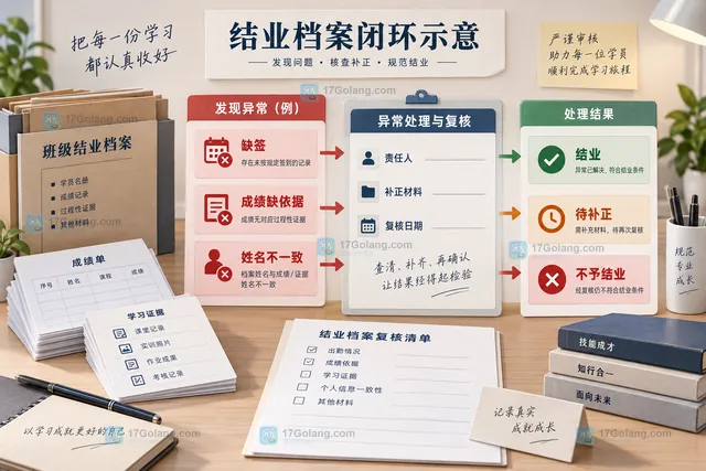 职业培训结业档案出勤核对示意:学员总表连接课表、出勤记录和请假补签字段