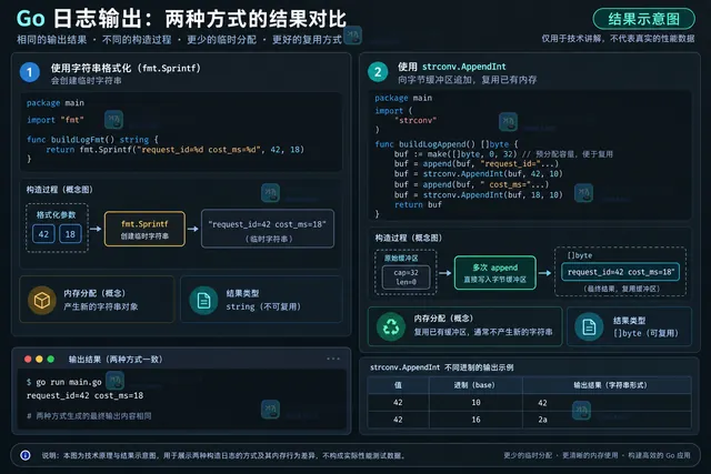 Go strconv.AppendInt 在可复用日志字节缓冲区中追加 request_id 和 cost_ms 的操作示意图