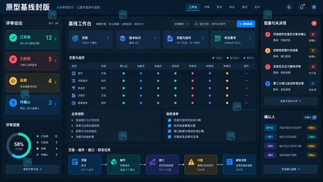 原型评审结论基线范围页面状态规则验收与任务映射封版工作台示意
