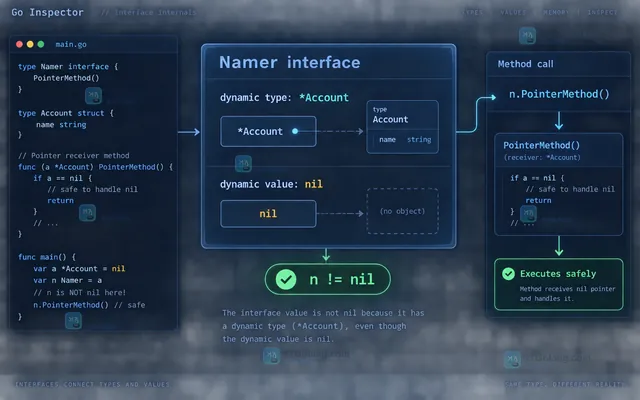 Go nil 指针调用值接收者方法时从方法选择到隐式解引用的流程示意图