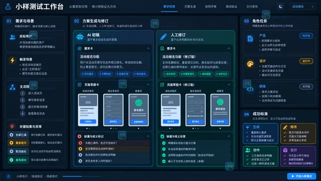 创业团队单条需求小样测试输入成功标准角色与检查项工作台示意
