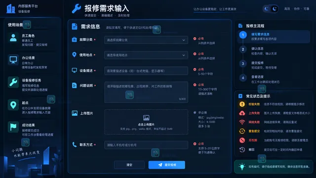 员工报修角色场景字段规则主流程与异常状态需求输入工作台示意