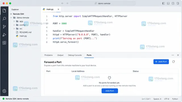 VS Code Remote SSH Ports 列表显示远程端口 3000 与本地 Forwarded Address 映射结果示意