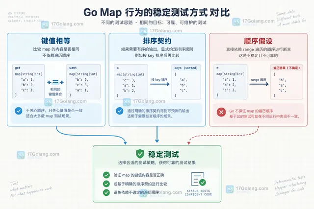 Go map[string]int 经过键收集、sort.Strings 排序后转换为稳定键值表示的示意图