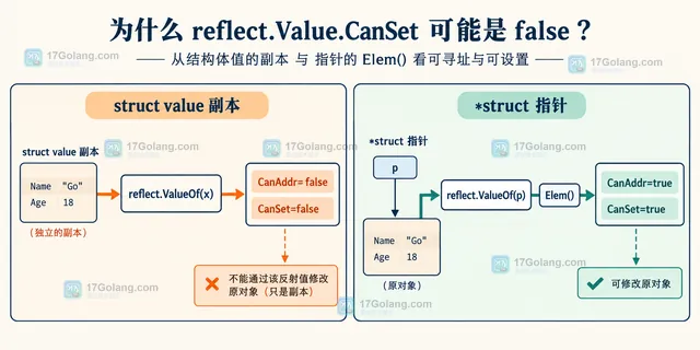 Go 可寻址结构体中导出字段与未导出字段的 CanAddr CanSet CanInterface 只读边界对比图