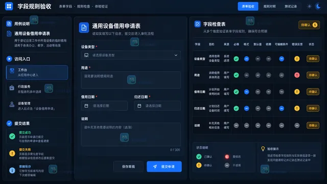 设备借用表单字段来源必填格式默认值与可编辑条件检查工作台示意