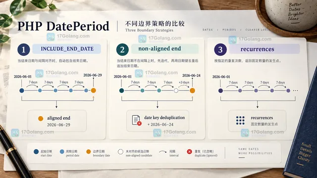 PHP DatePeriod 默认排除结束日期的起点间隔递归点和结束边界关系示意图