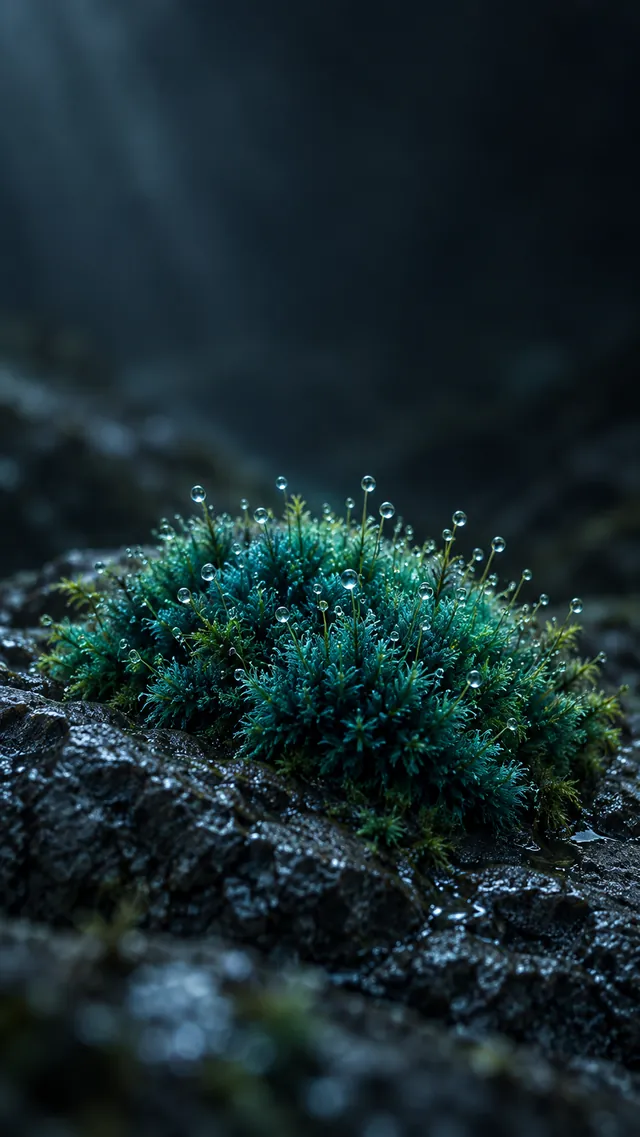 深青苔藓暖光变体手机壁纸示意图，斜向岩面与顶部留白形成不同构图