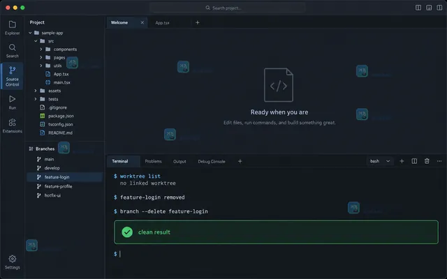 Git worktree 列表操作示意,编辑器集成终端显示路径、HEAD 和 branch 字段