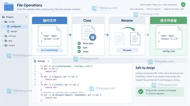 Go os.WriteFile 对 config.json 使用 O_TRUNC 时的权限错误与截断边界操作示意图