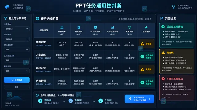 需求评审方案讲解阶段汇报与培训材料适用条件选择矩阵示意