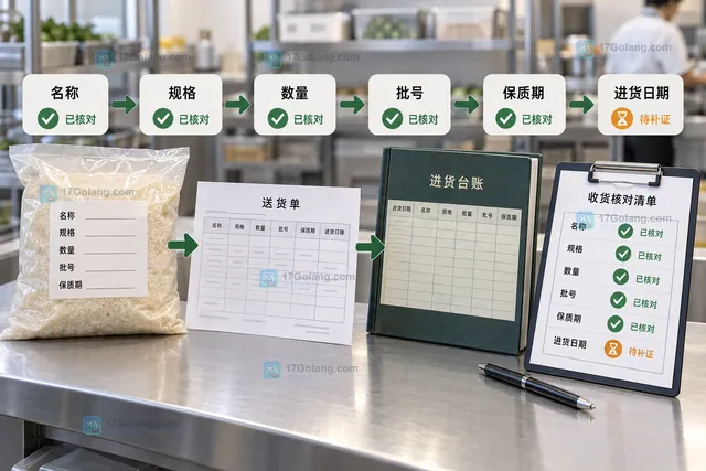 餐饮门店首批到货把包装标签、送货单、采购台账和核对清单逐项对应的结果示意图