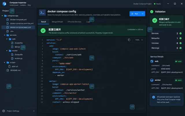 Docker Compose common.yaml 编辑器中显示 app-base 公共服务配置的操作示意图