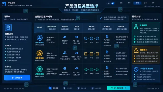 用户操作业务审批系统状态三类流程的对象读者节点输入与适用边界选择矩阵示意
