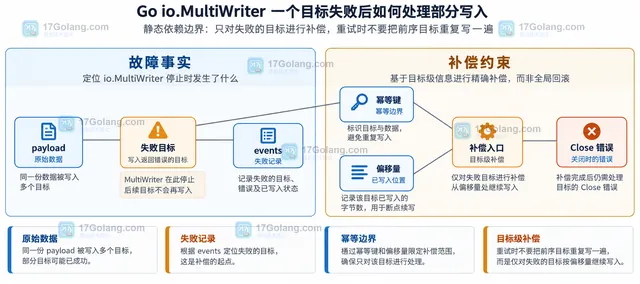 io.MultiWriter 按顺序写入并在中间目标失败时停止的静态关系示意图