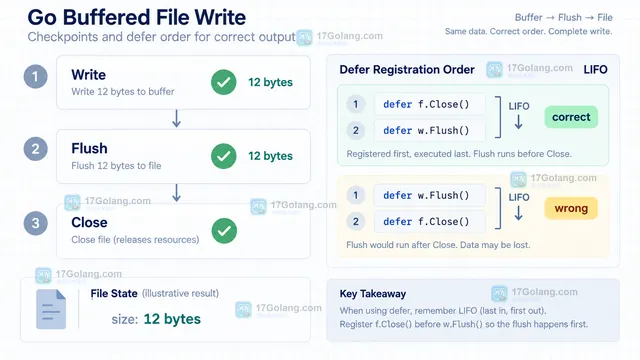 Go bufio.Writer Write Flush Close 与 os.File 文件系统关系的操作示意图