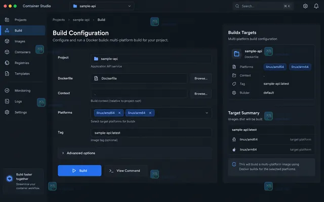 Docker buildx 镜像仓库结果界面示意,manifest 列出 linux amd64 与 linux arm64