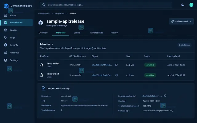 Docker buildx 多平台构建工具界面示意,显示 linux amd64 与 linux arm64 目标平台选择