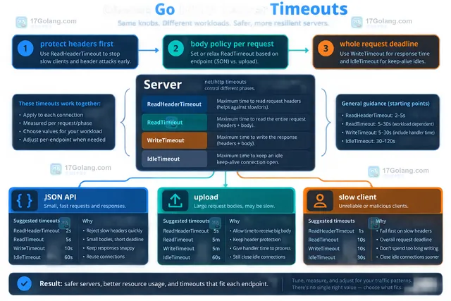 Go ReadHeaderTimeout 与 ReadTimeout 在请求头和请求体阶段的时间线操作示意图