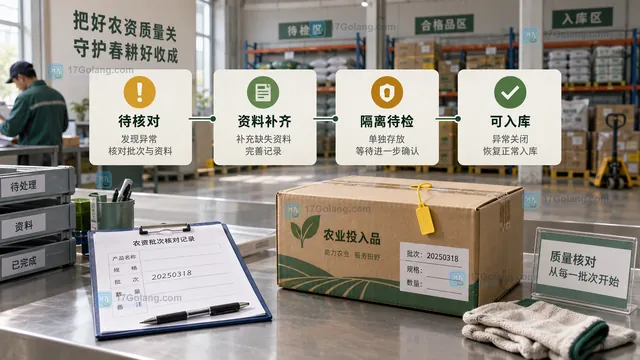 农业合作社农资到货验收示意图,包装批号、合格证明与采购记录互相对应
