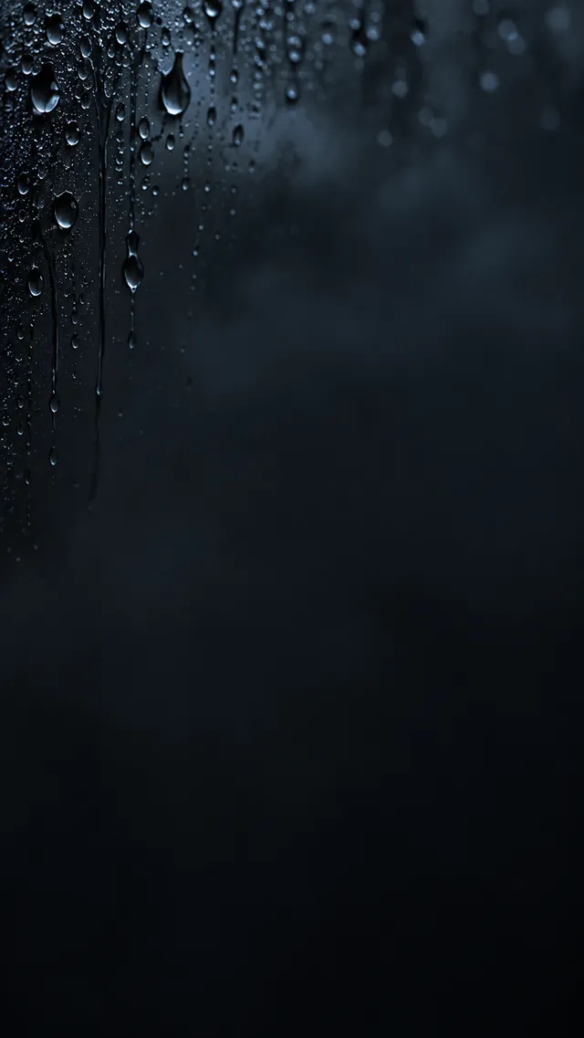 墨黑雨滴手机壁纸主图示意:顶部边缘有雨滴高光,中下部是低纹理暗部图标安全区