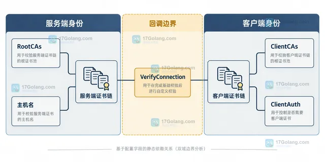 Go TLS 客户端校验域与服务端校验域的结构关系,展示 InsecureSkipVerify 与 ClientAuth 的不同方向
