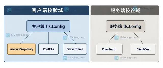 Go TLS 服务端证书链、客户端证书链与 RootCAs、ClientCAs、ClientAuth、VerifyConnection 的静态依赖关系