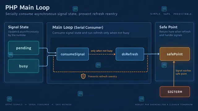 SIGUSR1和SIGTERM进入pcntl_signal后写入pending与stop_requested的结构示意图