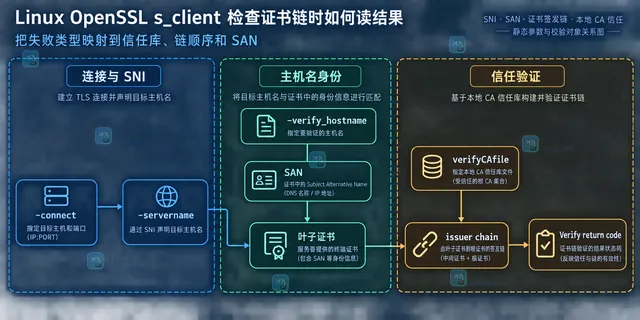 Linux OpenSSL s_client Certificate chain、subject issuer 与 CA trust store 的静态关系示意图