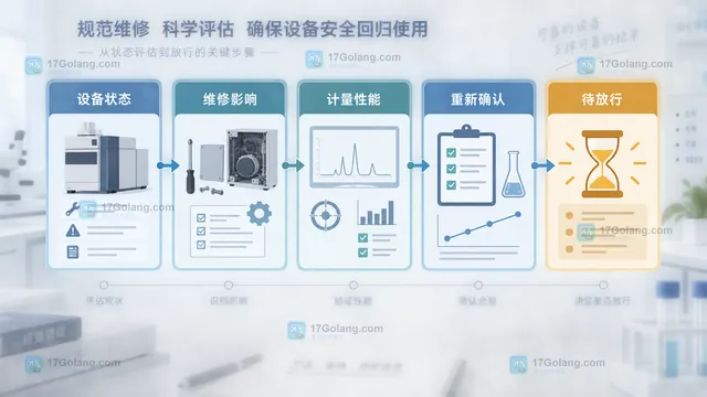 实验室设备维修影响从设备状态连接到计量性能和重新确认的关系示意图
