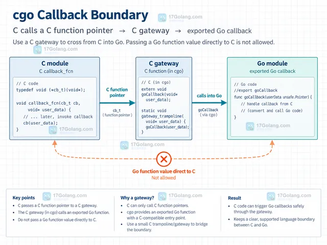 runtime/cgo Handle 保存 Go 回调引用并在 C 回调后取回的生命周期示意