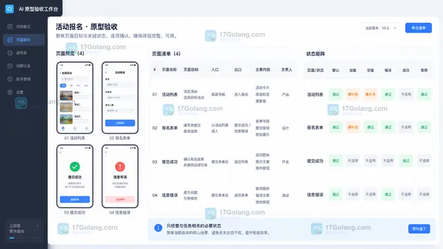 AI原型页面清单默认加载空值错误成功禁用状态矩阵验收工作台示意