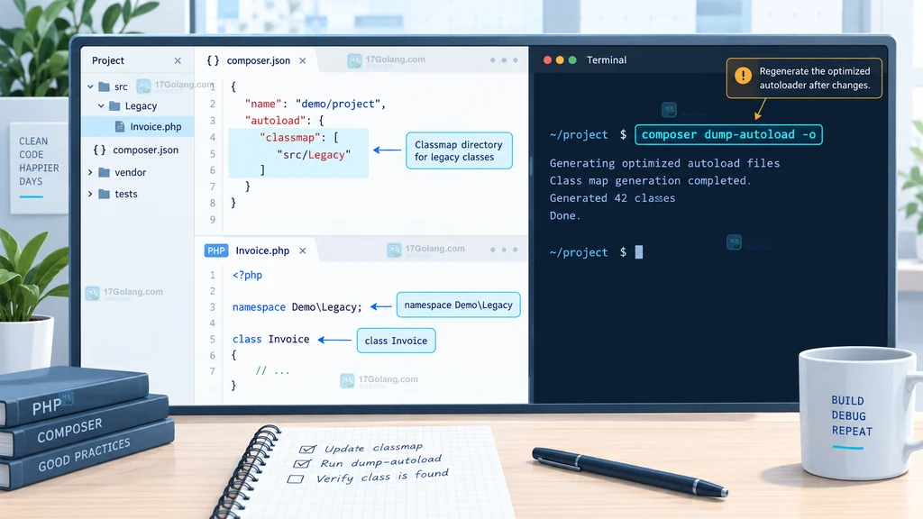 Composer classmap 生成结果和 class_exists 验证的结果示意图