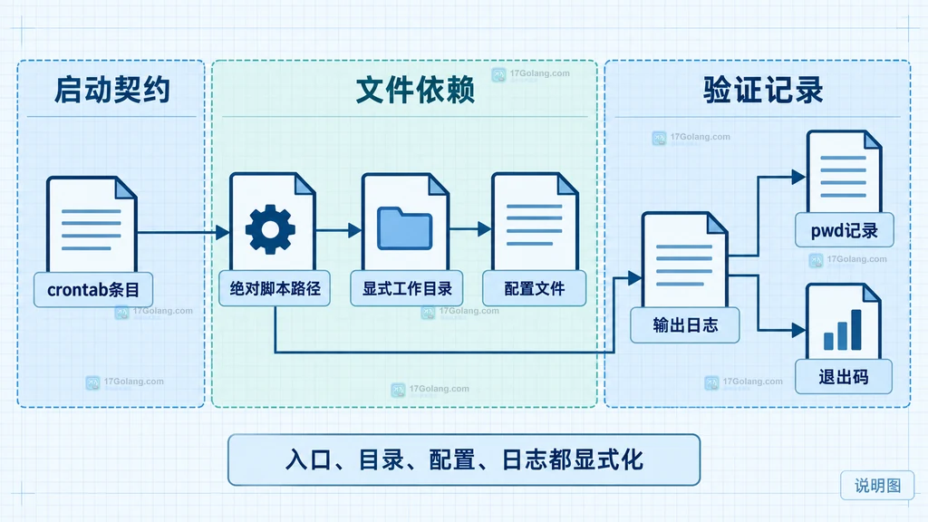 Linux cron 中 crond、HOME、PATH、当前工作目录和相对路径的环境边界说明图