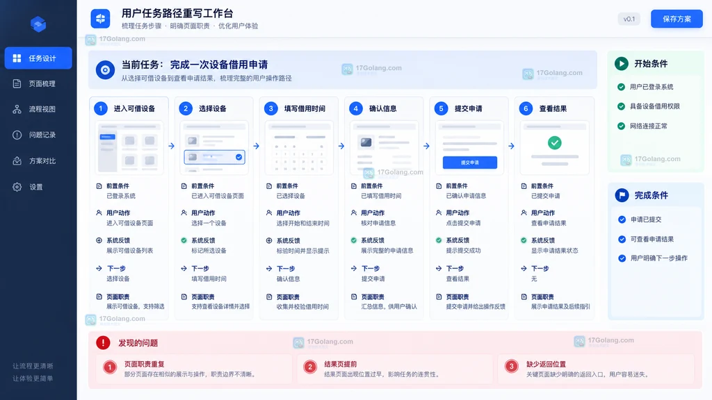 设备借用申请用户任务主路径动作结果页面职责重写工作台示意