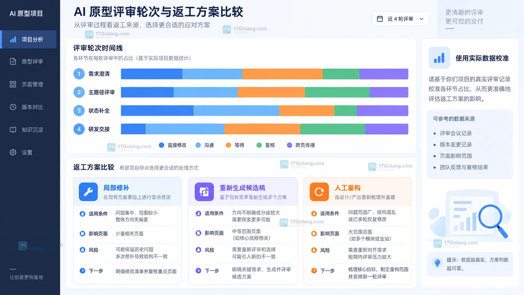 AI原型多轮评审修改等待复核跨页传播与三种返工方案比较示意